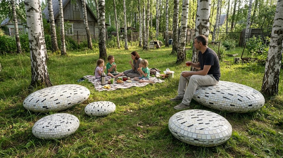 Пять камней «Берёза» в берёзовой роще на даче, отец сидит на камне 120 см